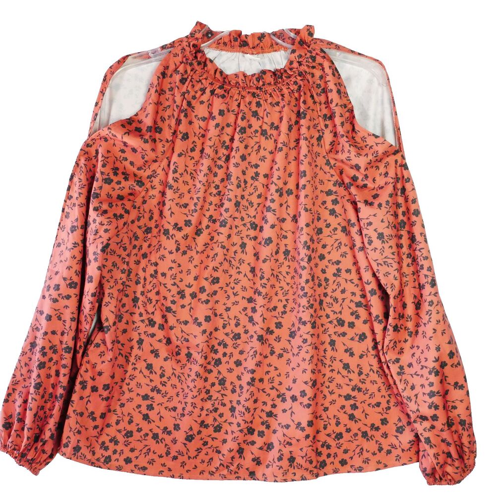 Womens Size M Floral Print Brown Cold Shoulder Blouse w  Lantern Sleeves